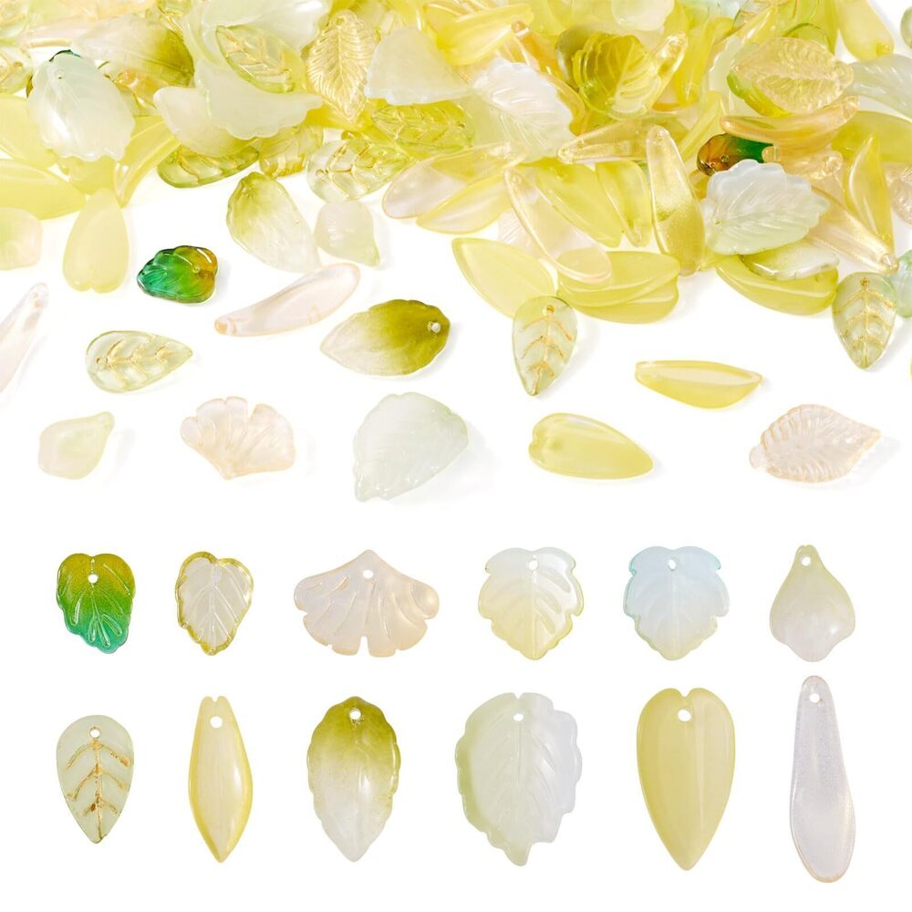 8503 156 Pcs Glass Leaf Beads Crystal Glass Leaf Charms Green Yellow Leaves